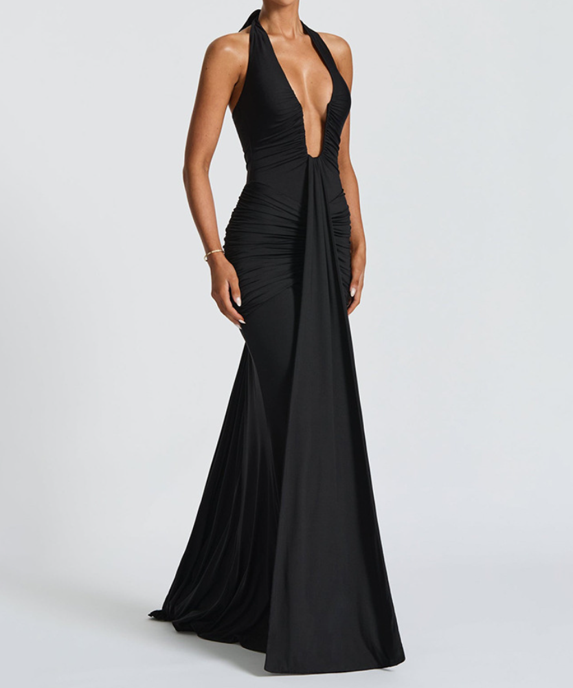Timeless Black Halter Deep V Ruched Maxi Gown | Fall Gala & Holiday Party Glamour
