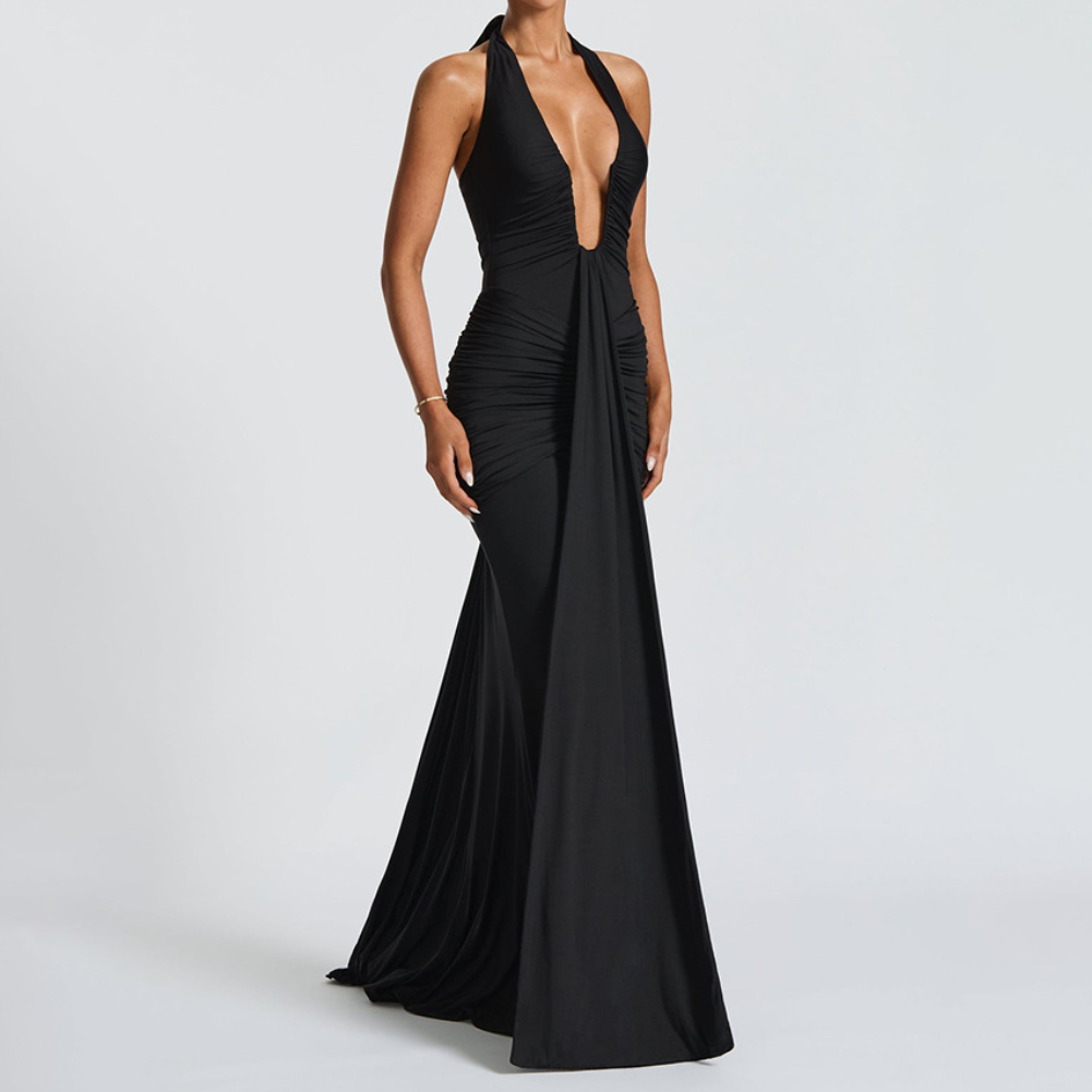 Timeless Black Halter Deep V Ruched Maxi Gown | Fall Gala & Holiday Party Glamour
