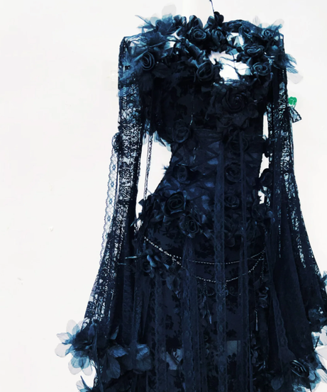 Mystic Midnight Bloom Lace Maxi Gown: Enchanting Fall Gala & Halloween Chic