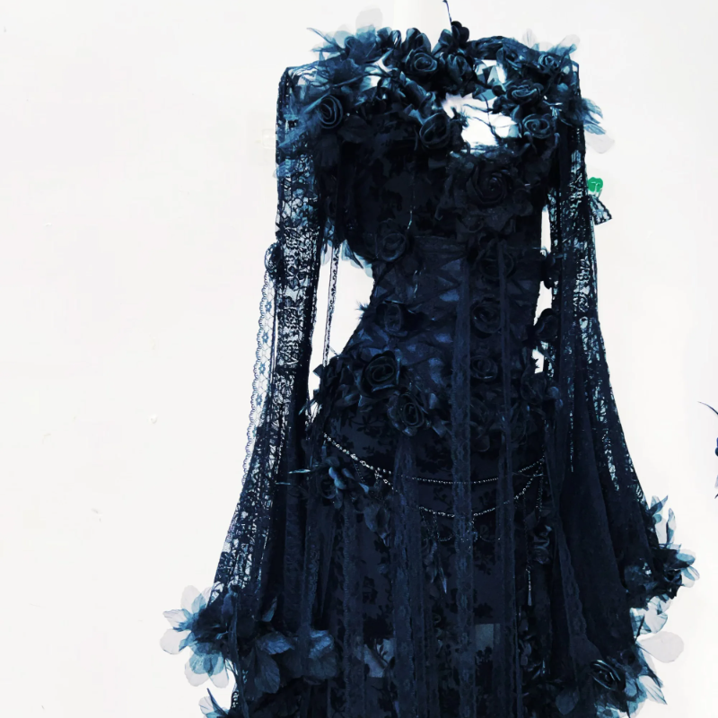 Mystic Midnight Bloom Lace Maxi Gown: Enchanting Fall Gala & Halloween Chic