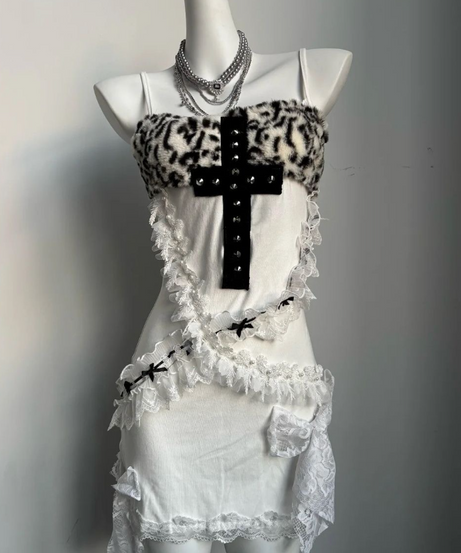 Fierce Leopard & Studded Cross Cami Mini Dress - Halloween & Fall Party Ready