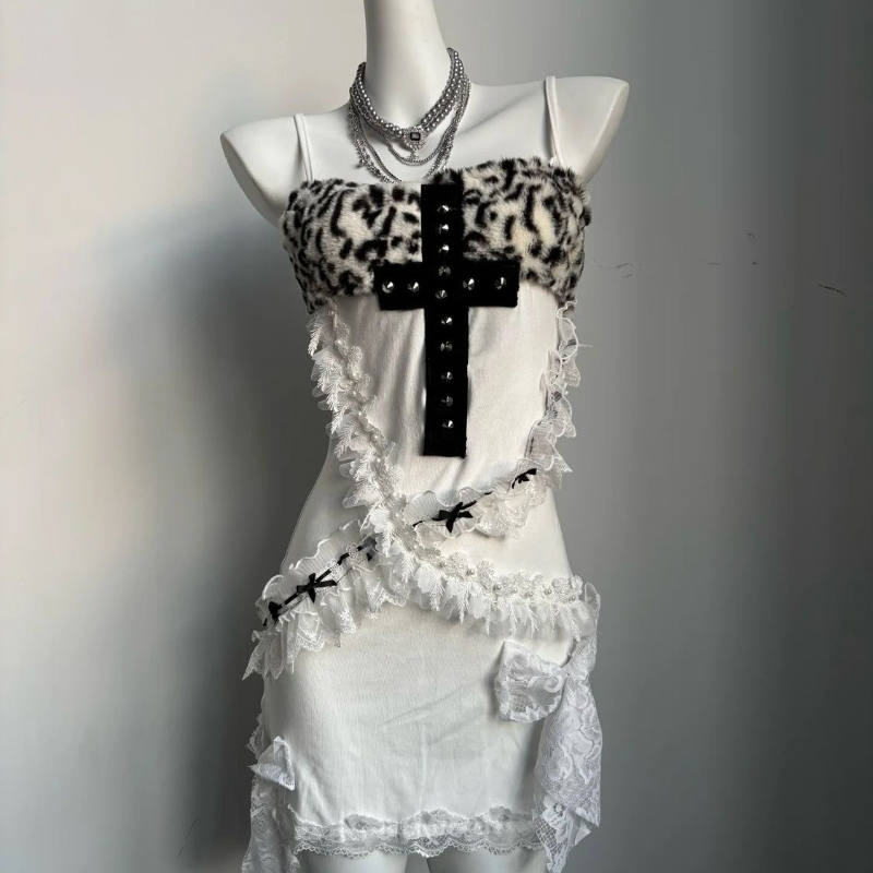 Fierce Leopard & Studded Cross Cami Mini Dress - Halloween & Fall Party Ready