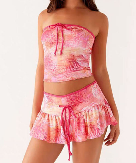 Vibrant Pink Tie-Dye Tube Top & Ruched Mini Skirt Set - Y2K Barbiecore Vacation Outfit