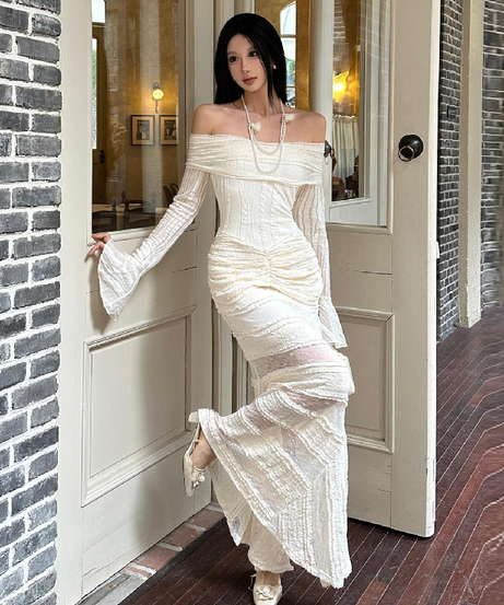 Ethereal Chic Off-Shoulder Ruched Lace Maxi Dress - Fall Events & Holiday Ready
