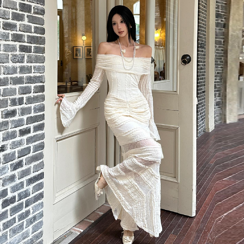 Ethereal Chic Off-Shoulder Ruched Lace Maxi Dress - Fall Events & Holiday Ready