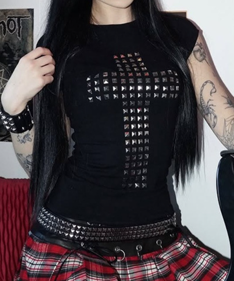 Gothic Punk Studded Cross Cap Sleeve Tee - Edgy Y2K Fashion for Halloween & Fall