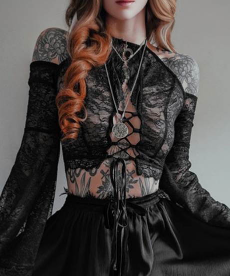 Mystical Lace-Up Bell Sleeve Crop Top - Gothic Halter for Fall & Halloween