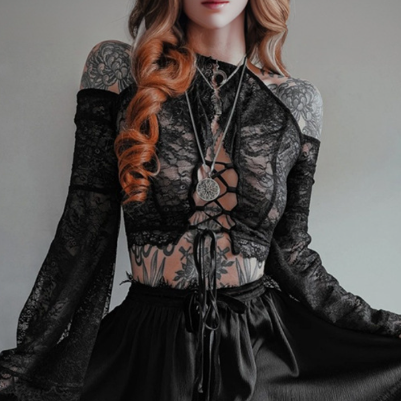 Mystical Lace-Up Bell Sleeve Crop Top - Gothic Halter for Fall & Halloween