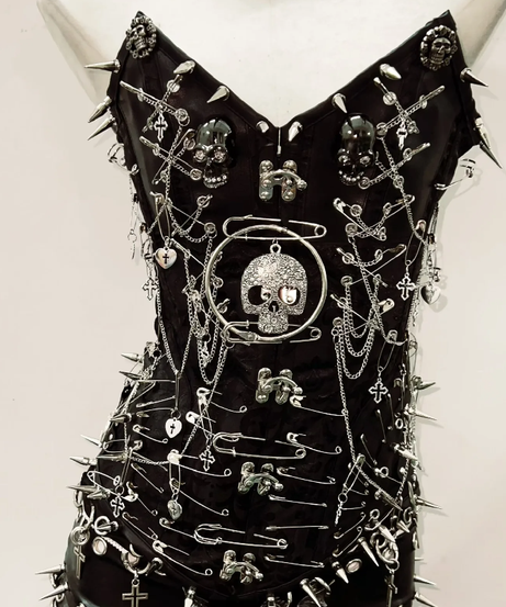 Edgy Skull & Spikes V-Neck Mini Dress | Gothic Chain Embellished for Halloween & Fall