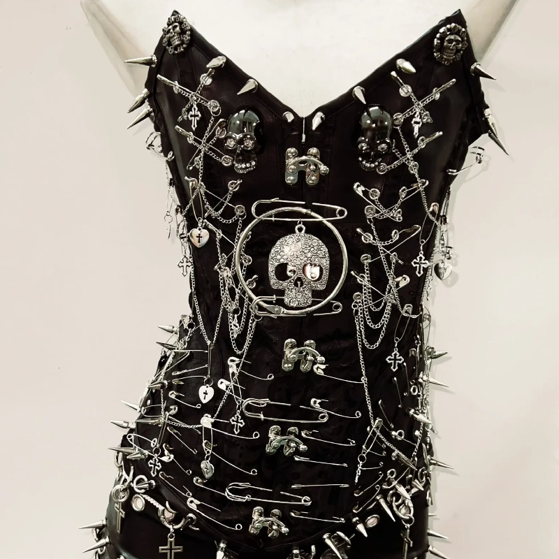 Edgy Skull & Spikes V-Neck Mini Dress | Gothic Chain Embellished for Halloween & Fall