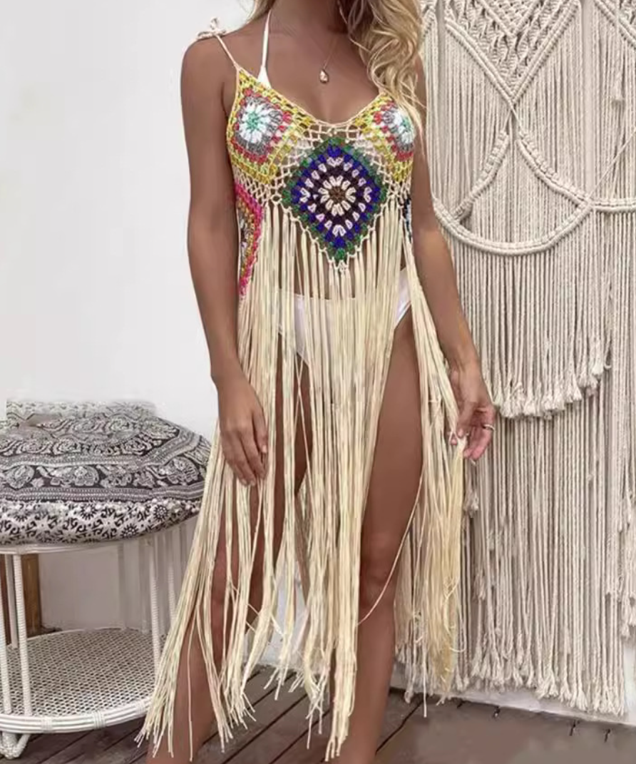 Vibrant Boho Crochet Fringe Maxi Dress - Chic Resort & Tropical Getaway Essential