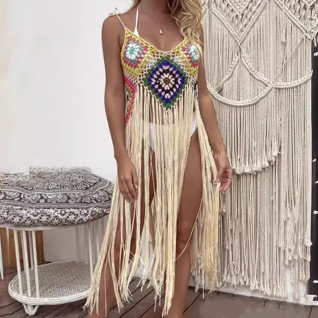 Vibrant Boho Crochet Fringe Maxi Dress - Chic Resort & Tropical Getaway Essential