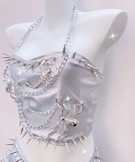 Spiked Silver Siren Chain Halter Top & Mini Skirt Set - Your Ultimate Halloween & Festival Statement Piece!