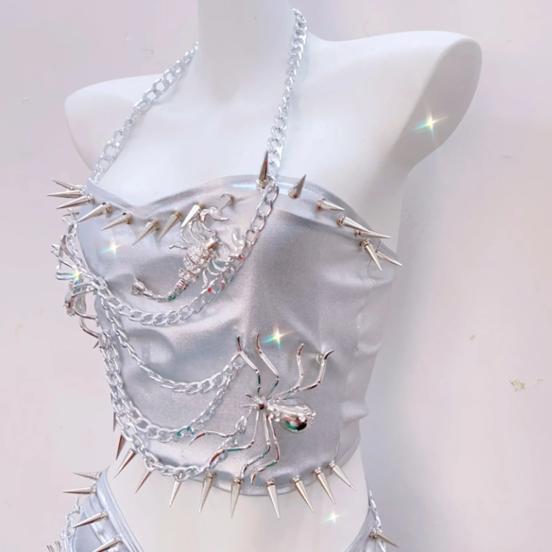Spiked Silver Siren Chain Halter Top & Mini Skirt Set - Your Ultimate Halloween & Festival Statement Piece!