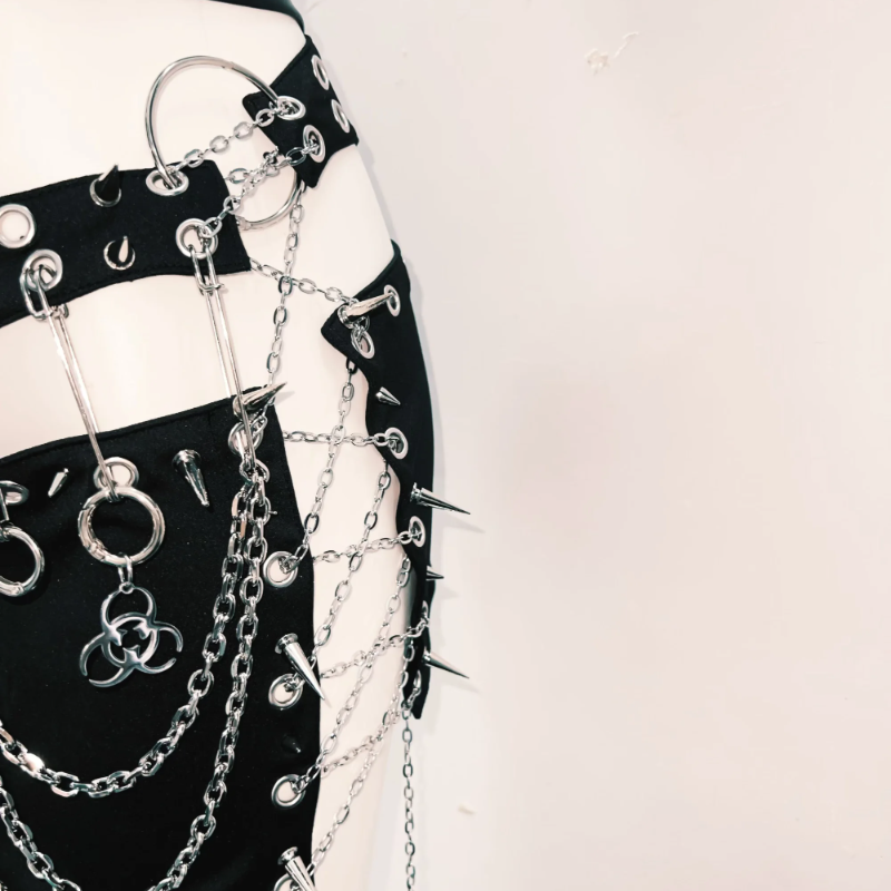 Spiked & Chained Faux Leather Halter Top & Mini Skirt Set - Ultimate Goth Rave Halloween Outfit