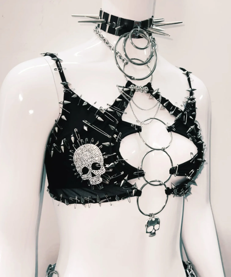 Fierce Spiked Skull O-Ring Cutout Crop Top | Edgy Goth Punk Clubwear & Halloween Statement