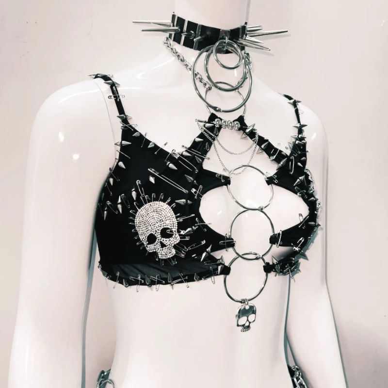 Fierce Spiked Skull O-Ring Cutout Crop Top | Edgy Goth Punk Clubwear & Halloween Statement