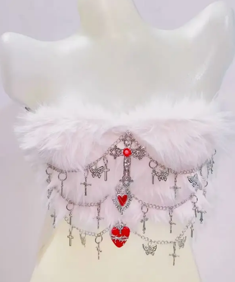 Gothic Glam Fluffy Tube Top | Edgy Cross & Heart Chain Bustier for Halloween & Fall Nights