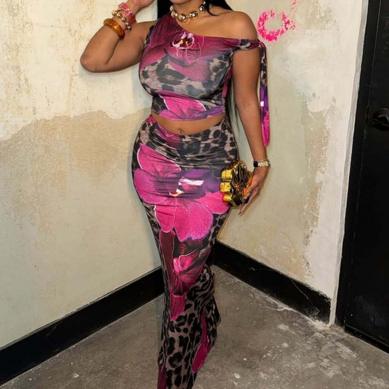 Standout Style: Blue Leopard & Floral One-Shoulder Maxi Set - Fall Event & Resort Ready