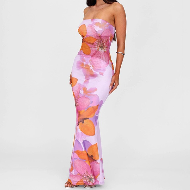 Vibrant Tropics Strapless Mesh Maxi Dress - Your Chic Fall Vacation & Resort Escape