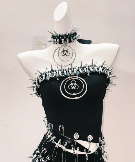 Fierce Biohazard Spiked Safety Pin Mini Dress - Halloween, Goth & Clubwear Statement