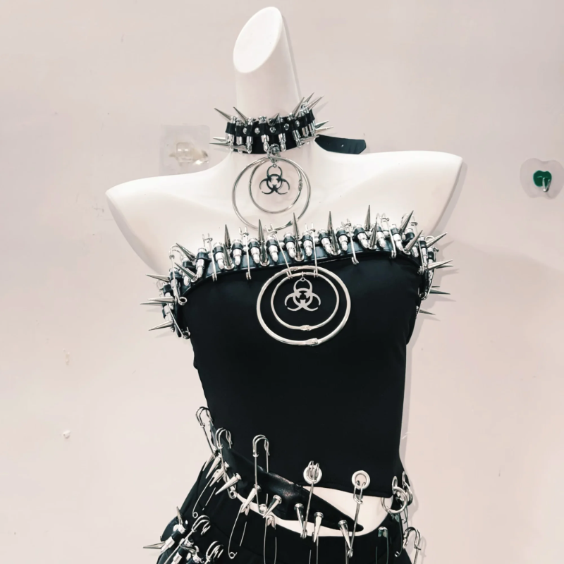 Fierce Biohazard Spiked Safety Pin Mini Dress - Halloween, Goth & Clubwear Statement