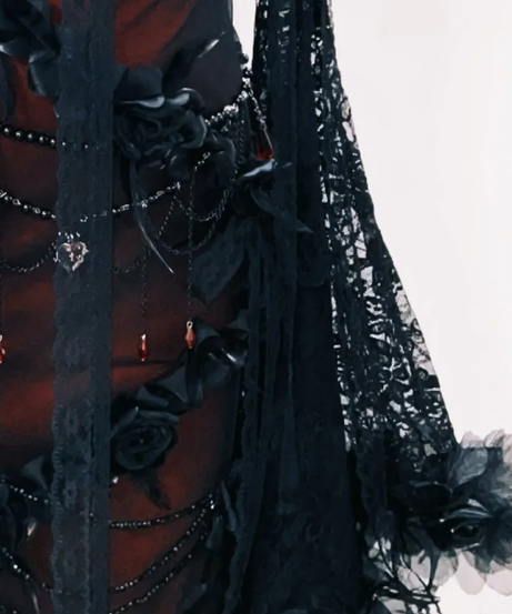 Enchanting Gothic Romance Maxi Dress: Bewitching Black Lace & Red Floral Gown for Halloween & Fall Galas