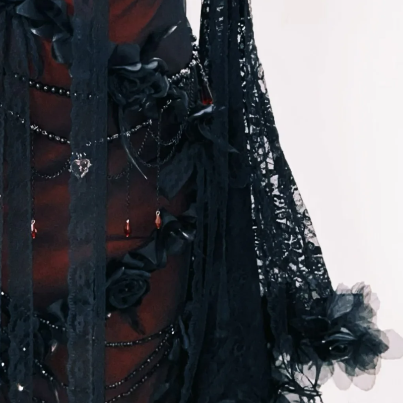 Enchanting Gothic Romance Maxi Dress: Bewitching Black Lace & Red Floral Gown for Halloween & Fall Galas