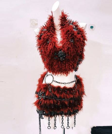 Crimson Fury: Spiked Faux Fur Skull Crop Top & Mini Skirt Set - Your Ultimate Halloween & Rave Look