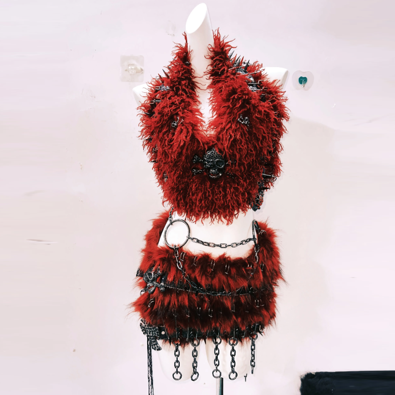 Crimson Fury: Spiked Faux Fur Skull Crop Top & Mini Skirt Set - Your Ultimate Halloween & Rave Look