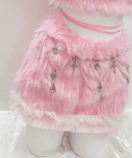 Plush Pink Coquette Crop Top & Charm Mini Skirt Set - Y2K Halloween & Rave Ready!