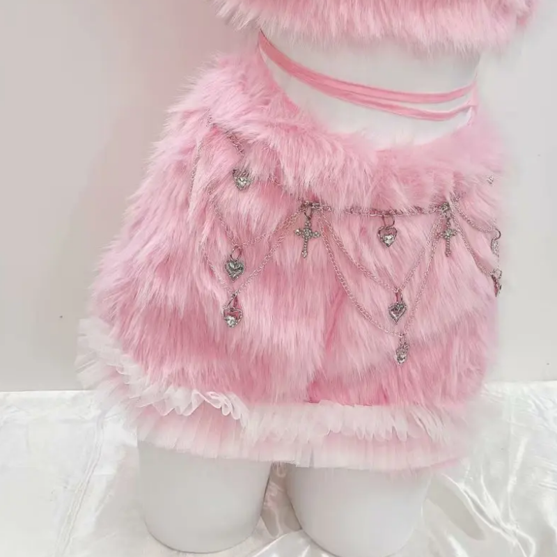 Plush Pink Coquette Crop Top & Charm Mini Skirt Set - Y2K Halloween & Rave Ready!