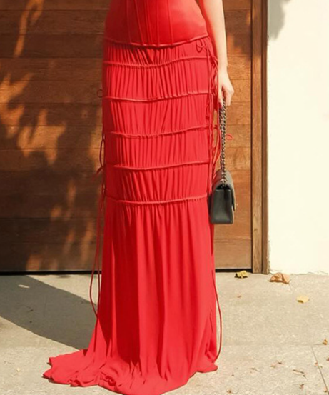 Crimson Chic: The Fall & Holiday Ready Ruched Maxi Skirt for Effortless Glam