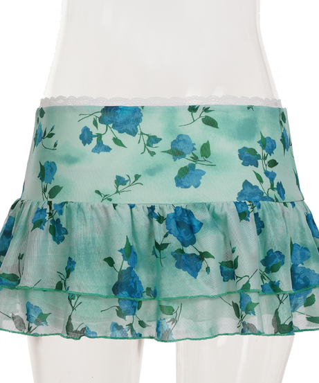 Y2K Coquette Blue Floral Ruffle Mini Skirt - Lace Trim & Bow Detail for Flirty Fall Style