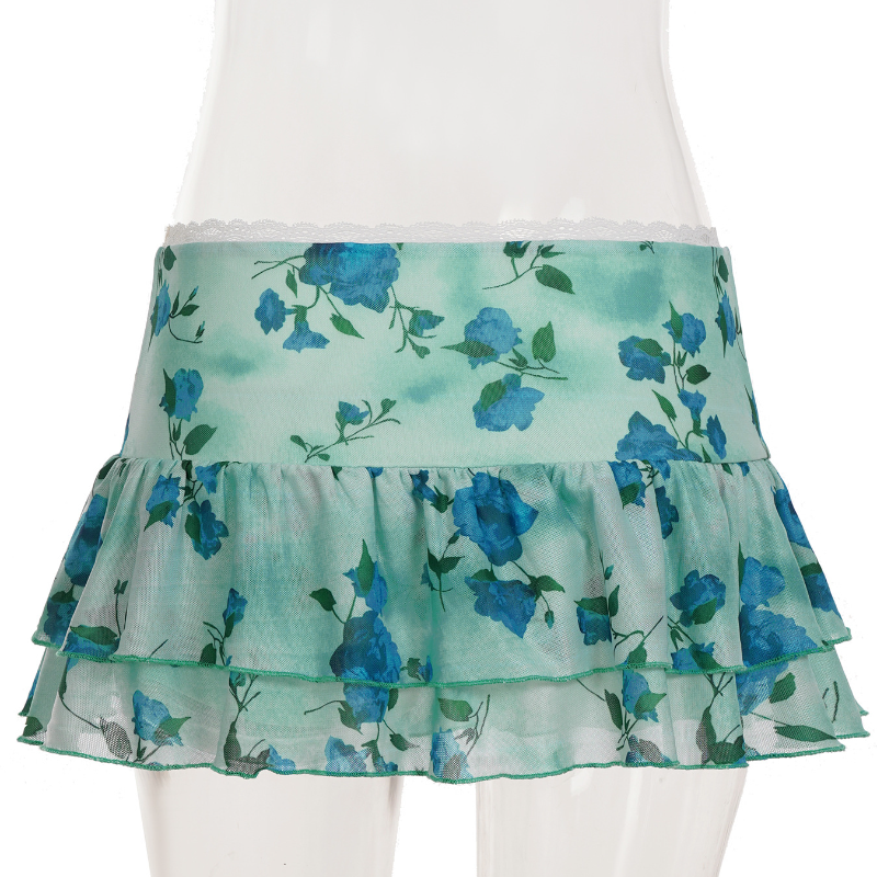 Y2K Coquette Blue Floral Ruffle Mini Skirt - Lace Trim & Bow Detail for Flirty Fall Style