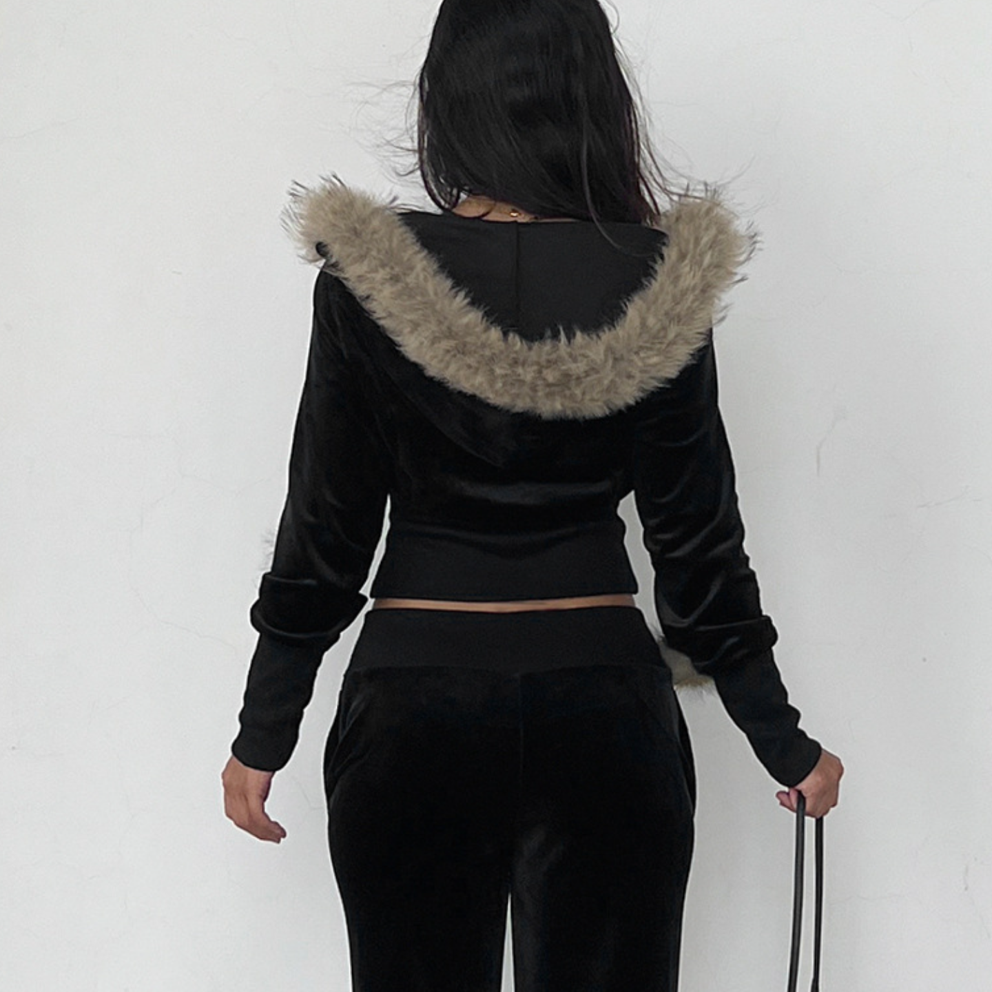 Velvet Luxe Faux Fur Trim Cropped Zip-Up Hoodie - Cozy Fall & Winter Chic