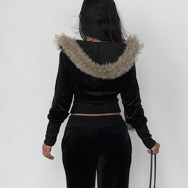 Velvet Luxe Faux Fur Trim Cropped Zip-Up Hoodie - Cozy Fall & Winter Chic