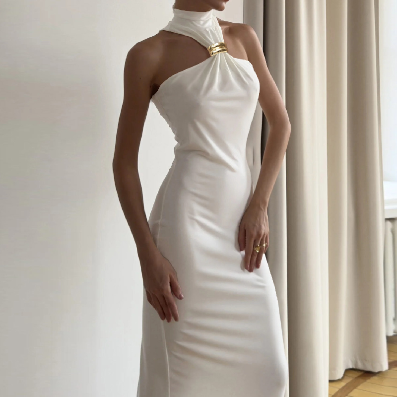 Sleek Black High-Neck Maxi Dress with Architectural Gold Accent | Holiday & Evening Elegance