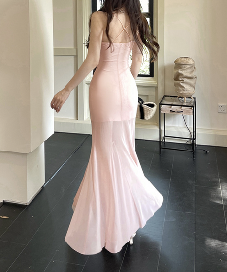 Blush Pink Satin Mermaid Maxi Dress | Elegant Ruffle Cami for Holiday Parties & Winter Getaways
