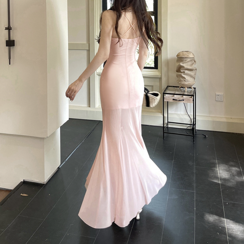 Blush Pink Satin Mermaid Maxi Dress | Elegant Ruffle Cami for Holiday Parties & Winter Getaways