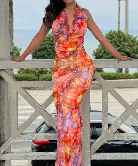 Effortless Elegance: Halter Cowl Neck Marbled Mesh Maxi Dress - Your Go-To for Fall Events & Chic Getaways