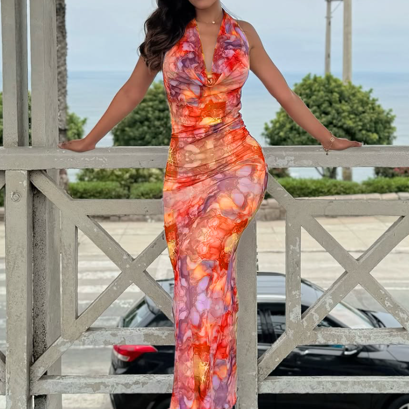 Effortless Elegance: Halter Cowl Neck Marbled Mesh Maxi Dress - Your Go-To for Fall Events & Chic Getaways