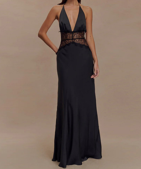 Chic White Halter Maxi Dress with Alluring Black Lace Detail - Your Holiday & NYE Glamour Statement