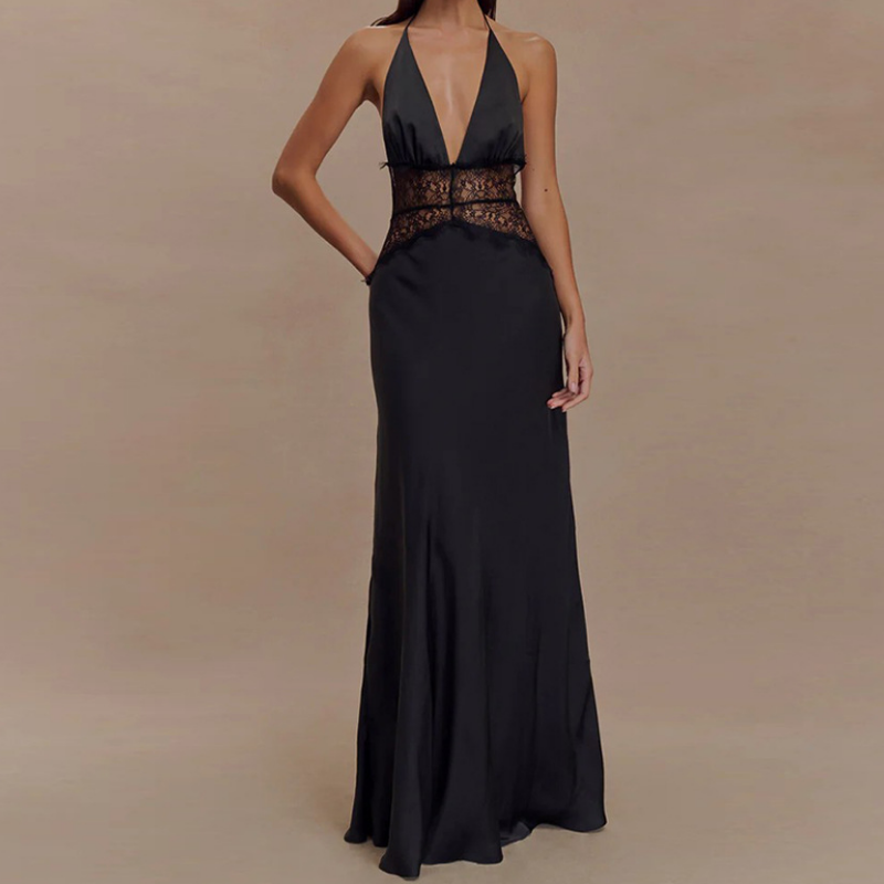 Chic White Halter Maxi Dress with Alluring Black Lace Detail - Your Holiday & NYE Glamour Statement