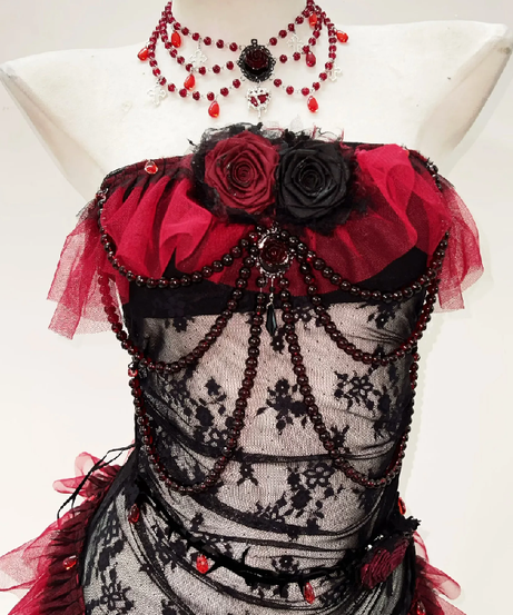 Gothic Enchantress Crimson & Black Lace Bodysuit with Choker | Halloween, Boudoir & Dark Romance