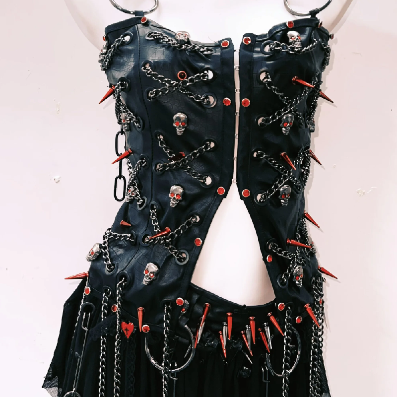 Gothic Punk Spiked Skull Chain Corset & Mini Skirt Set - Unleash Your Halloween & Festival Spirit