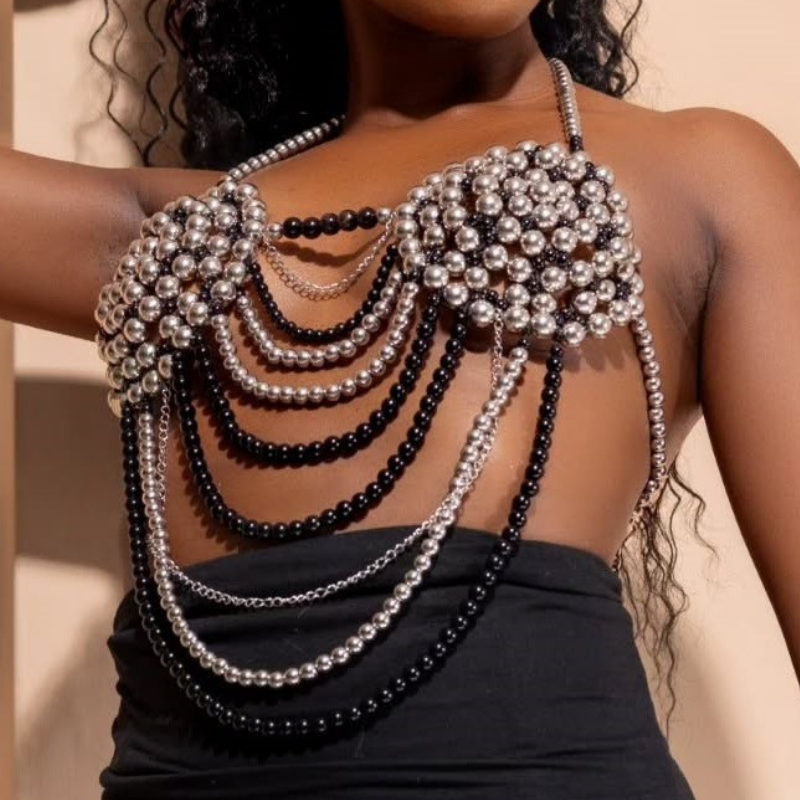Goddess Glam Beaded Halter Top | Dazzling Backless Body Chain for Halloween & Holiday Parties