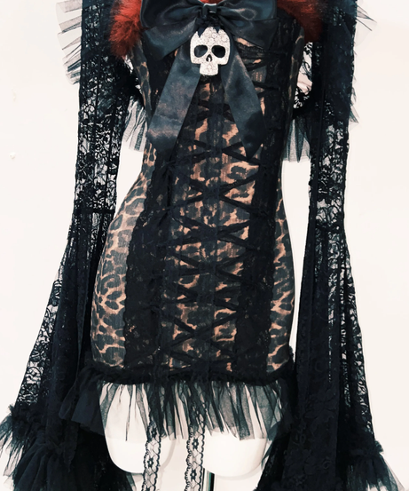 Gothic Glamour Skull Bow Mini Dress with Dramatic Bell Sleeves