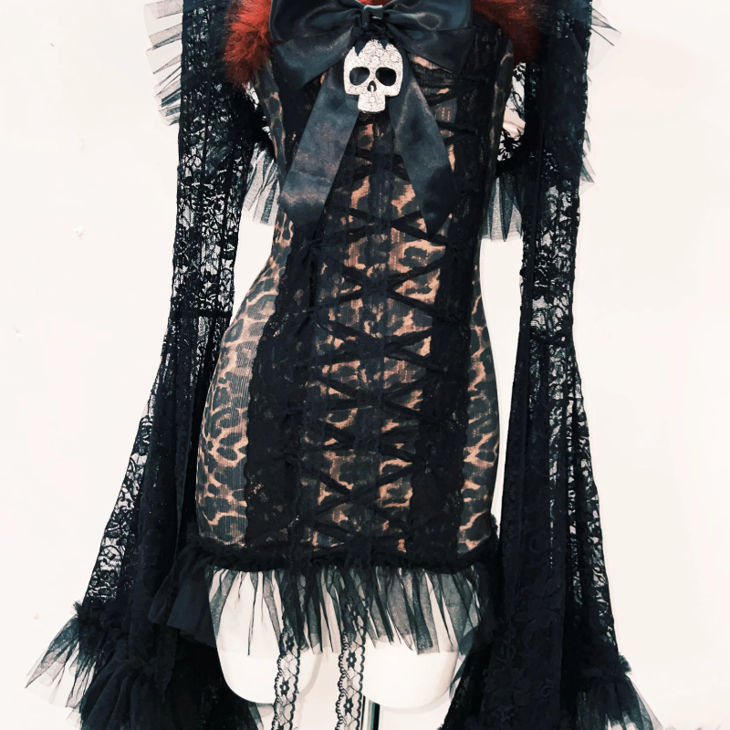 Gothic Glamour Skull Bow Mini Dress with Dramatic Bell Sleeves