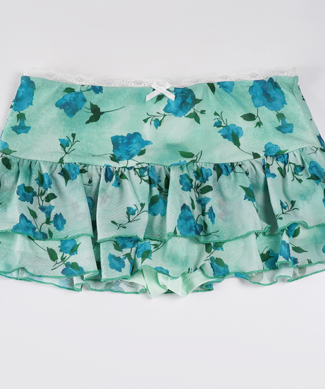 Y2K Coquette Blue Floral Ruffle Mini Skirt - Lace Trim & Bow Detail for Flirty Fall Style